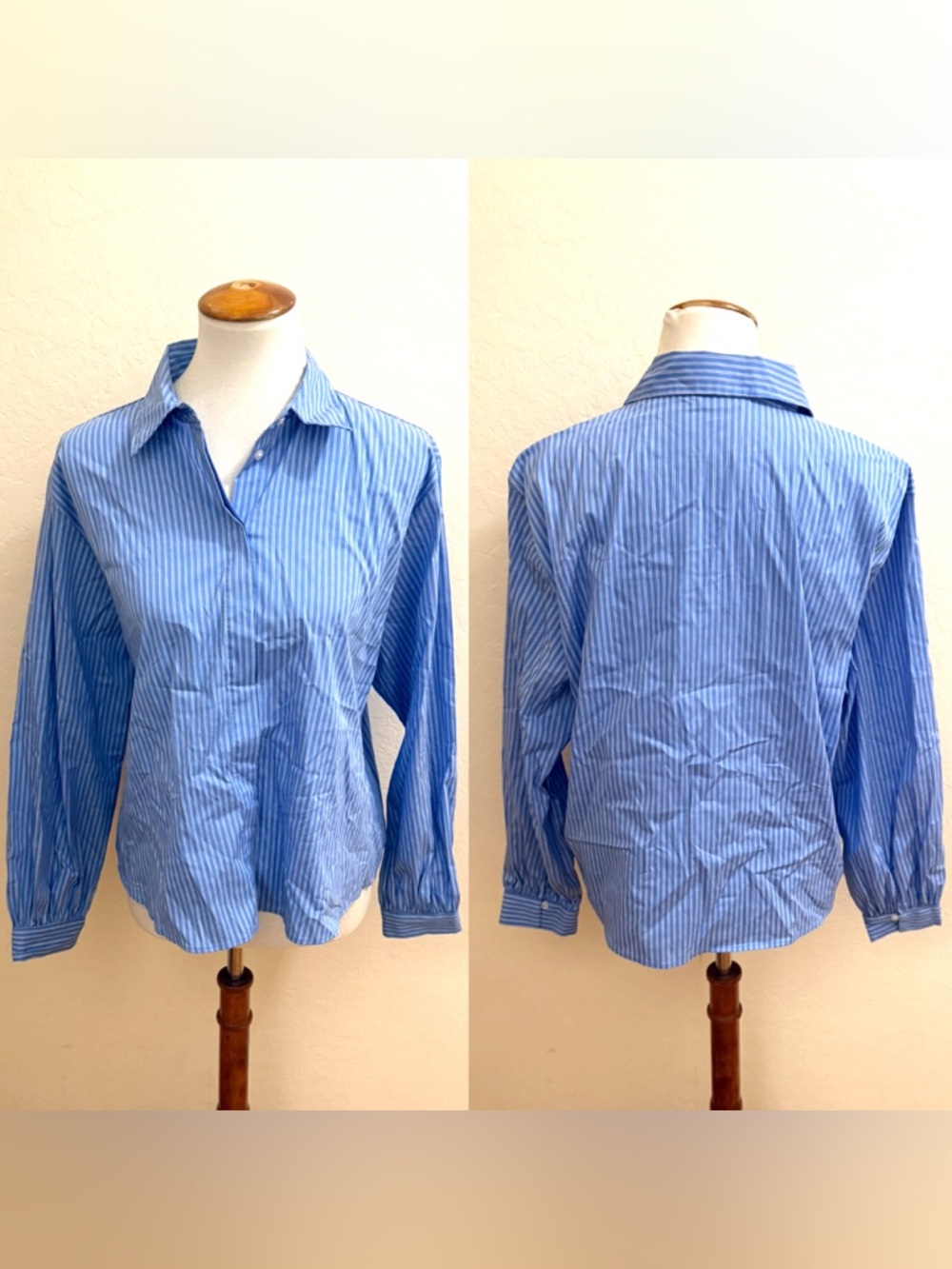 Zara Blue and White Striped Women's Button-Up Blouse